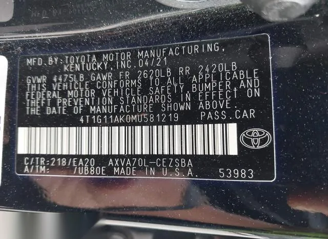 4T1G11AK0MU581219 2021 2021 Toyota Camry- SE 9