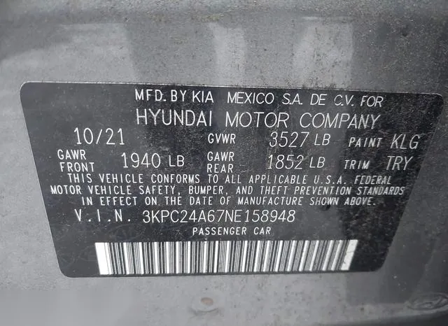 3KPC24A67NE158948 2022 2022 Hyundai Accent- SE 9