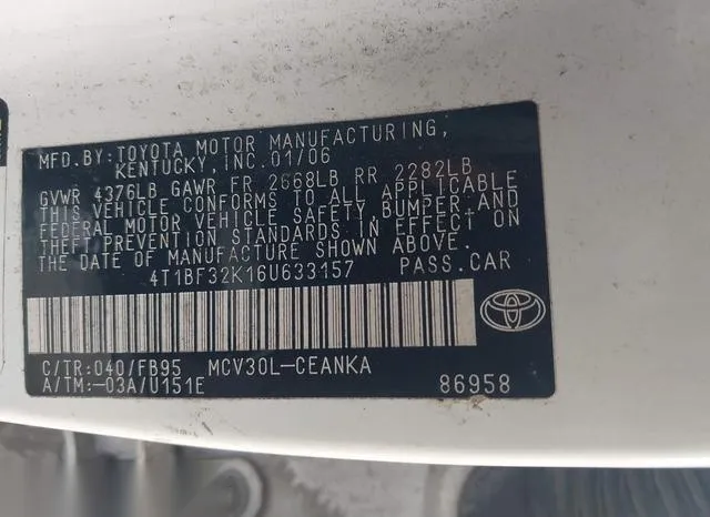 4T1BF32K16U633157 2006 2006 Toyota Camry- Le V6 9