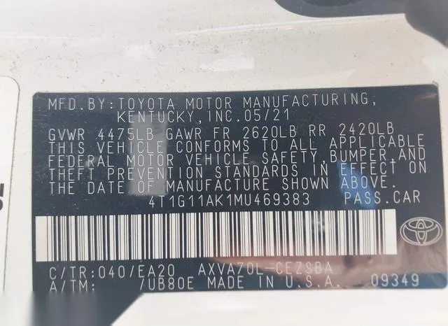 4T1G11AK1MU469383 2021 2021 Toyota Camry- SE 9