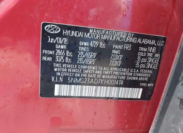 5NMS23AD7KH001414 2019 2019 Hyundai Santa Fe- SE 9