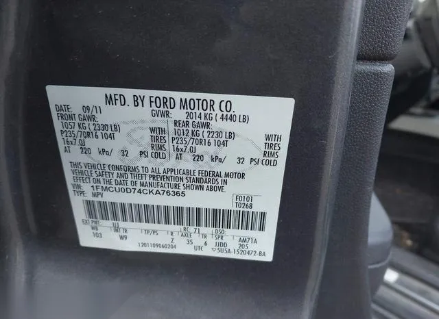 1FMCU0D74CKA76365 2012 2012 Ford Escape- Xlt 9