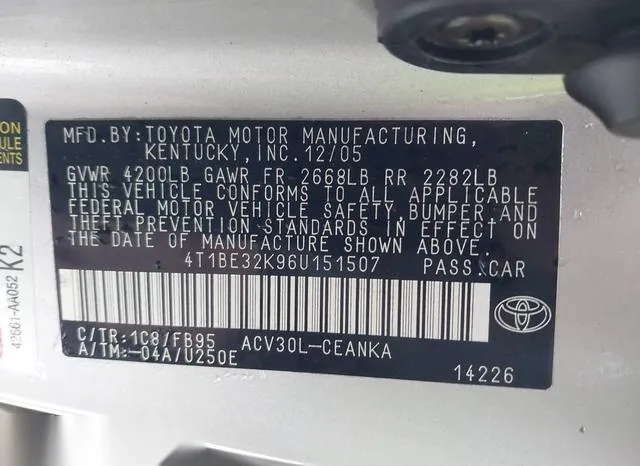 4T1BE32K96U151507 2006 2006 Toyota Camry- LE 9