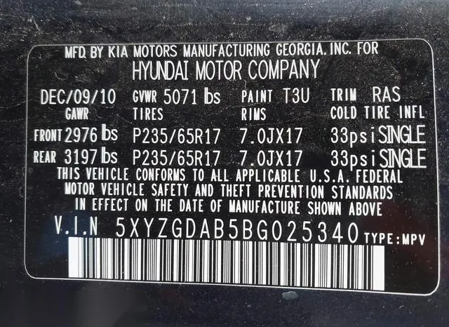 5XYZGDAB5BG025340 2011 2011 Hyundai Santa Fe- Gls 9