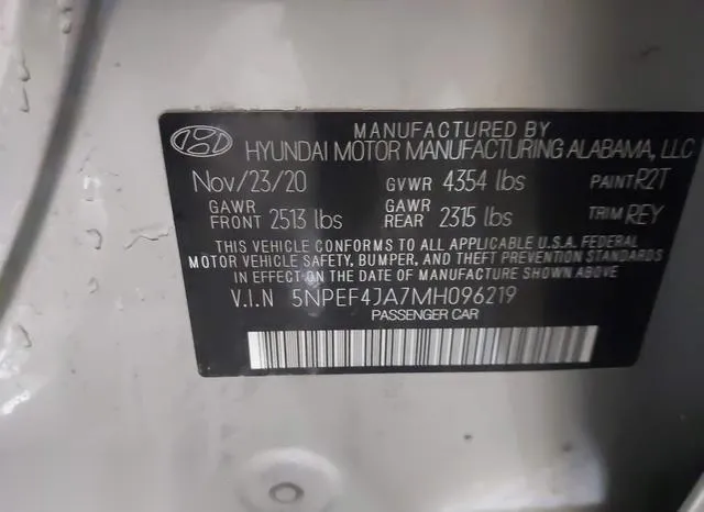 5NPEF4JA7MH096219 2021 2021 Hyundai Sonata- Sel 9