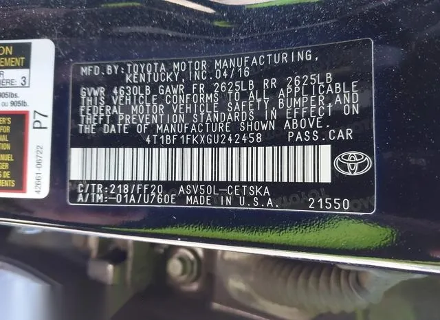 4T1BF1FKXGU242458 2016 2016 Toyota Camry- SE 9