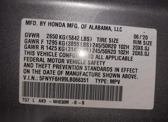 5FNYF6H99LB066351 2020 2020 Honda Pilot- Awd Touring 8 Pass 9