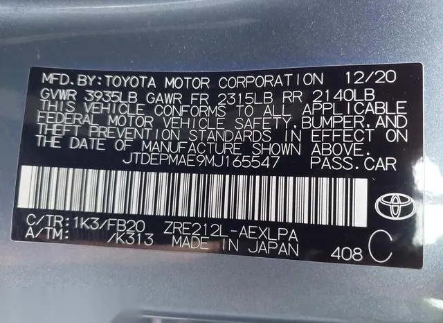 JTDEPMAE9MJ165547 2021 2021 Toyota Corolla- LE 9