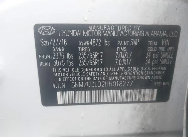 5NMZU3LB2HH018277 2017 2017 Hyundai Santa Fe- Sport 2-4L 9