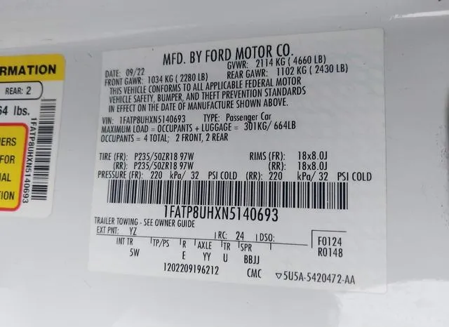 1FATP8UHXN5140693 2022 2022 Ford Mustang- Ecoboost Premium 9