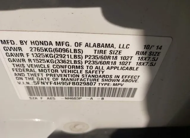 5FNYF4H95FB029807 2015 2015 Honda Pilot- Touring 9