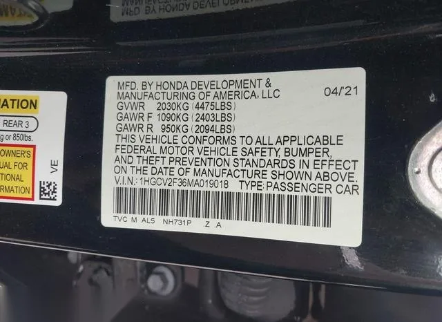 1HGCV2F36MA019018 2021 2021 Honda Accord- Sport 2-0T 9