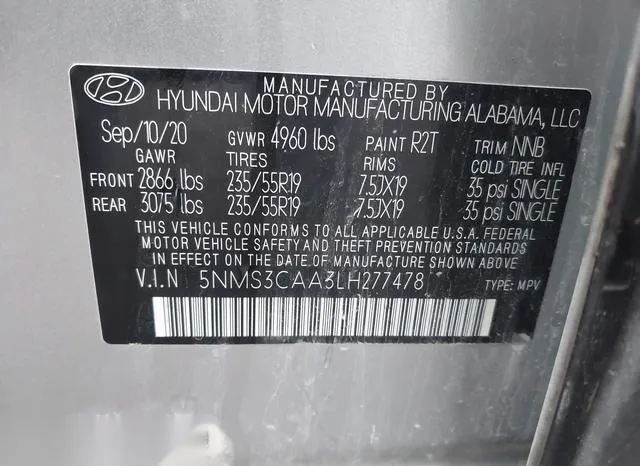 5NMS3CAA3LH277478 2020 2020 Hyundai Santa Fe- Sel 2-0T 9