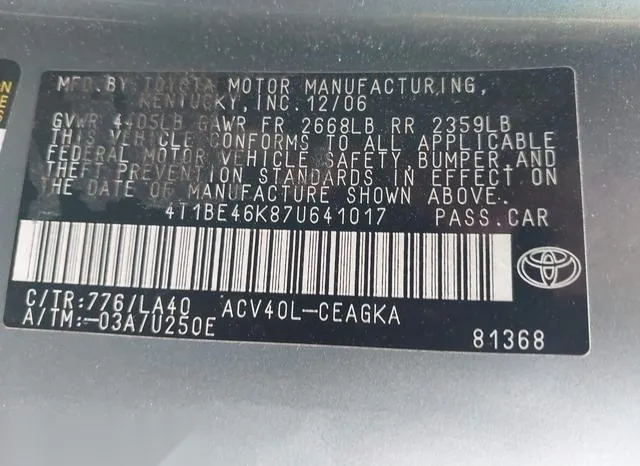 4T1BE46K87U641017 2007 2007 Toyota Camry- Xle 9