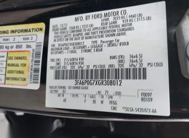 3FA6P0G7XGR308012 2016 2016 Ford Fusion- S 9