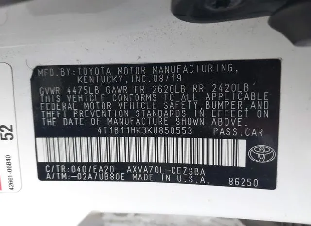 4T1B11HK3KU850553 2019 2019 Toyota Camry- SE 9