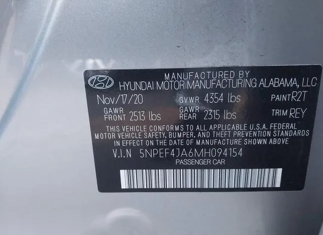 5NPEF4JA6MH094154 2021 2021 Hyundai Sonata- Sel 9