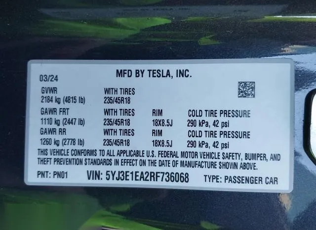 5YJ3E1EA2RF736068 2024 2024 Tesla Model 3 9