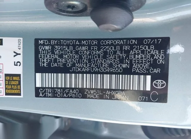 JTDKARFU9H3049650 2017 2017 Toyota Prius- Three 9