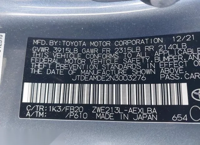 JTDEAMDE2N3003276 2022 2022 Toyota Corolla- Hybrid Le 9