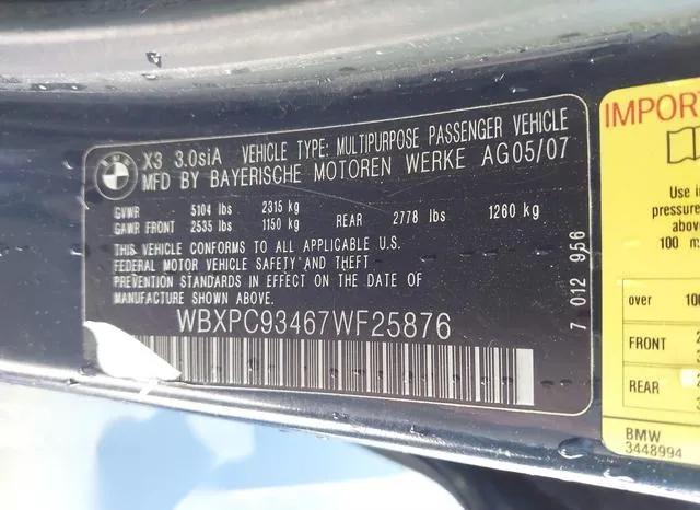 WBXPC93467WF25876 2007 2007 BMW X3- 3-0SI 9