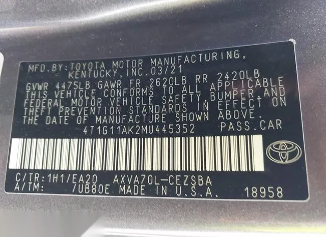 4T1G11AK2MU445352 2021 2021 Toyota Camry- SE 9