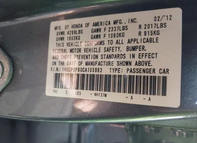 1HGCP2F60CA105993 2012 2012 Honda Accord- 2-4 SE 9