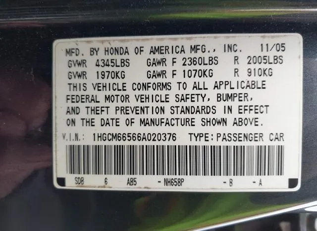 1HGCM66566A020376 2006 2006 Honda Accord- 3-0 EX 9