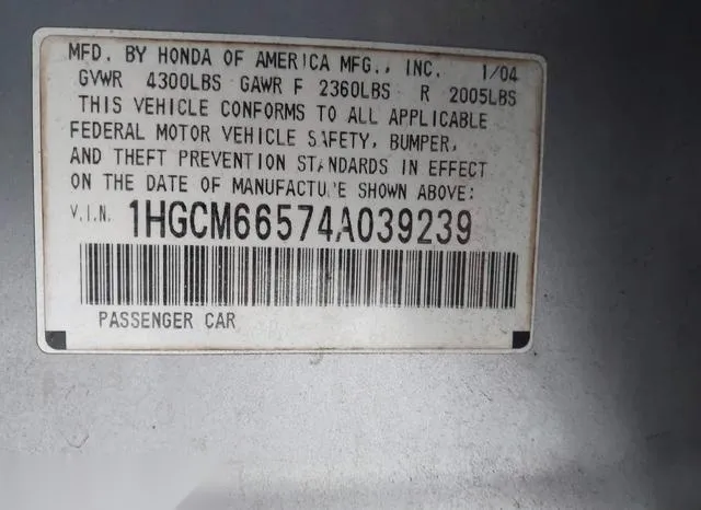 1HGCM66574A039239 2004 2004 Honda Accord- 3-0 EX 9