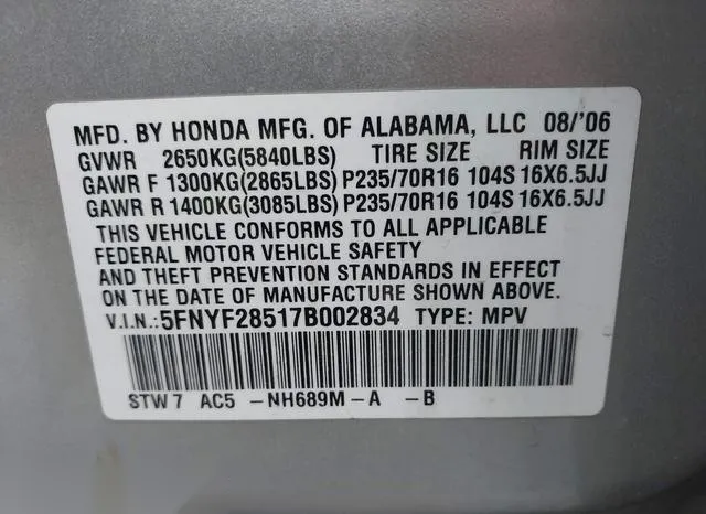 5FNYF28517B002834 2007 2007 Honda Pilot- Ex-L 9