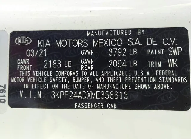 3KPF24ADXME356613 2021 2021 KIA Forte- Lxs 9