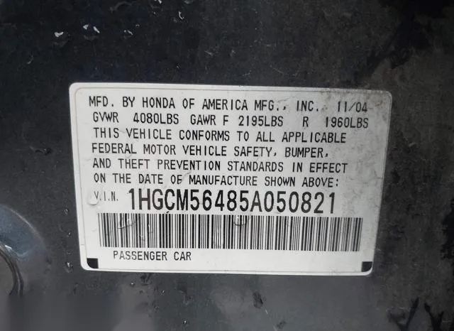 1HGCM56485A050821 2005 2005 Honda Accord- 2-4 LX 9