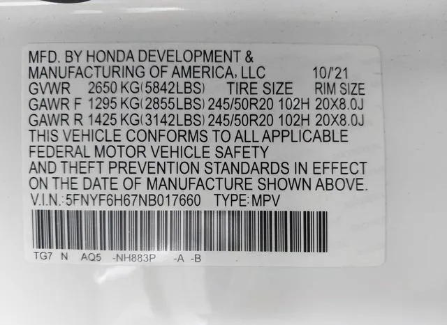 5FNYF6H67NB017660 2022 2022 Honda Pilot- Awd Touring 7 Pass 9