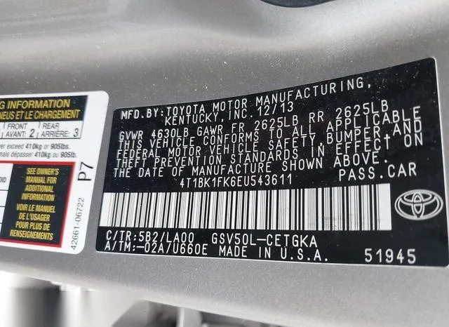 4T1BK1FK6EU543611 2014 2014 Toyota Camry- Xle V6 9