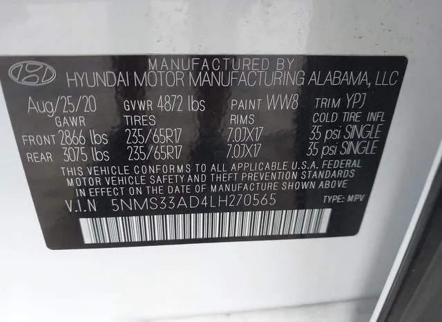 5NMS33AD4LH270565 2020 2020 Hyundai Santa Fe- Sel 9