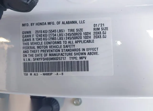 5FNYF5H65MB025717 2021 2021 Honda Pilot- 2Wd Touring 7 Pass 9