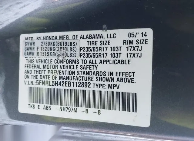 5FNRL5H42EB112892 2014 2014 Honda Odyssey- EX 9