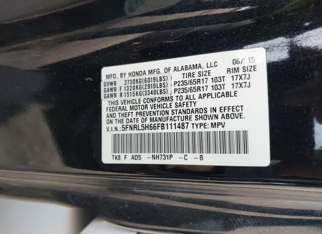 5FNRL5H66FB111487 2015 2015 Honda Odyssey- Ex-L 9