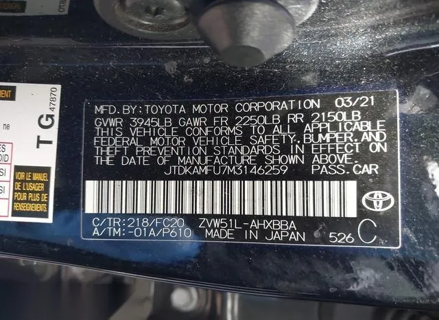 JTDKAMFU7M3146259 2021 2021 Toyota Prius- L Eco 9