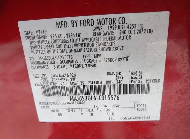 MAJ6S3GL6LC315576 2020 2020 Ford Ecosport- SE 9