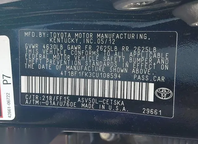 4T1BF1FK3CU108594 2012 2012 Toyota Camry- SE 9