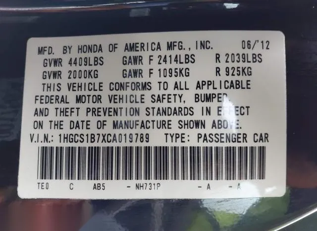 1HGCS1B7XCA019789 2012 2012 Honda Accord- 2-4 EX 9