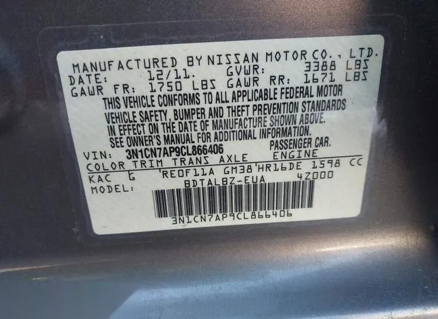 3N1CN7AP9CL866406 2012 2012 Nissan Versa- 1-6 SV 9