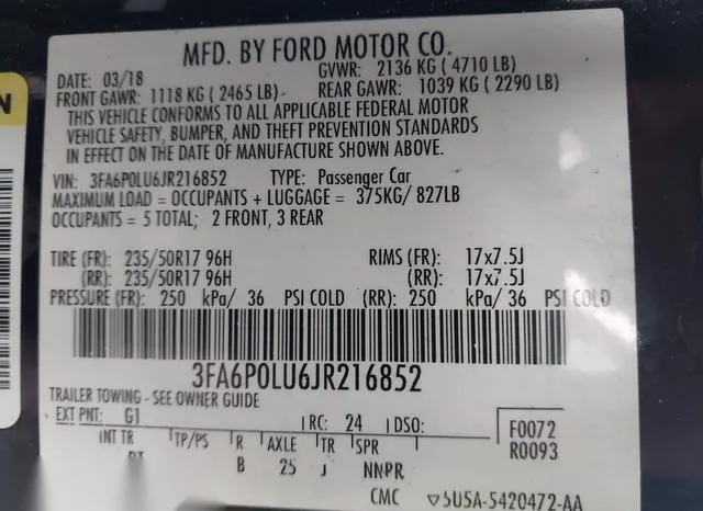 3FA6P0LU6JR216852 2018 2018 Ford Fusion- Hybrid SE 9