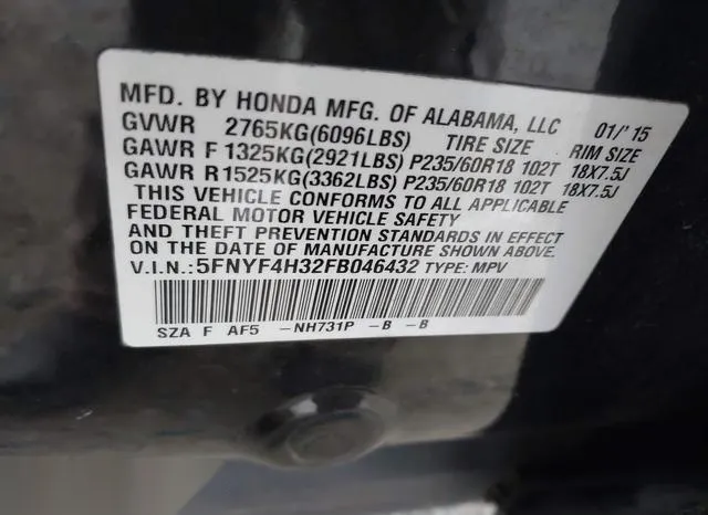 5FNYF4H32FB046432 2015 2015 Honda Pilot- SE 9