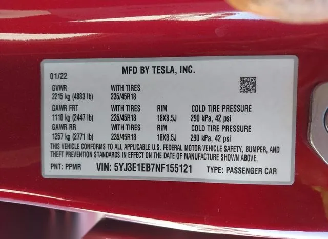 5YJ3E1EB7NF155121 2022 2022 Tesla Model 3- Long Range Dual 9