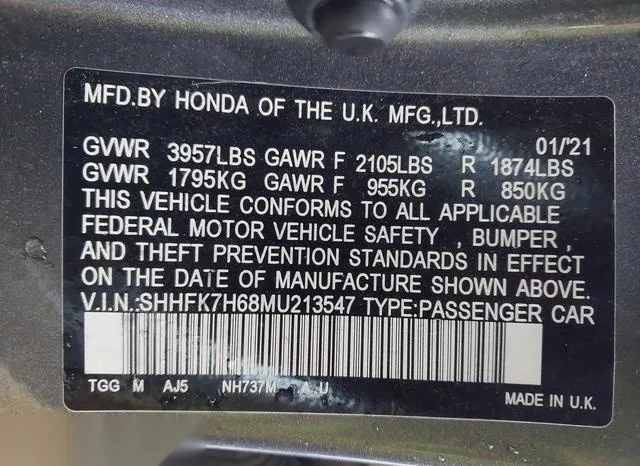 SHHFK7H68MU213547 2021 2021 Honda Civic- EX 9