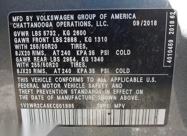 1V2WR2CA5KC501885 2019 2019 Volkswagen Atlas- 3-6L V6 Se W/ 9