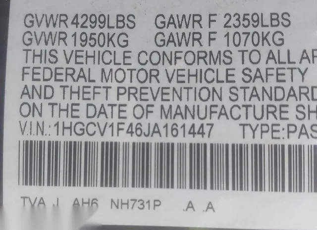 1HGCV1F46JA161447 2018 2018 Honda Accord- EX 9