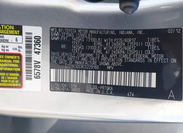 5TDYK3DC8CS229160 2012 2012 Toyota Sienna- Xle V6 8 Passenger 9